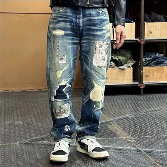 日本海淘补丁泼墨复古修身直筒赤耳牛仔裤